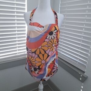 Floral Halter Top with Multicolor Stripes